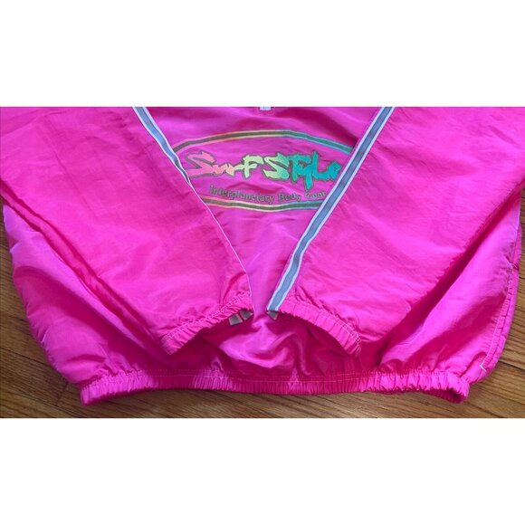 Vintage 90s XL Surf Style Unisex Neon Pink Pullover Windbreaker Jacket USA - Picture 10 of 11